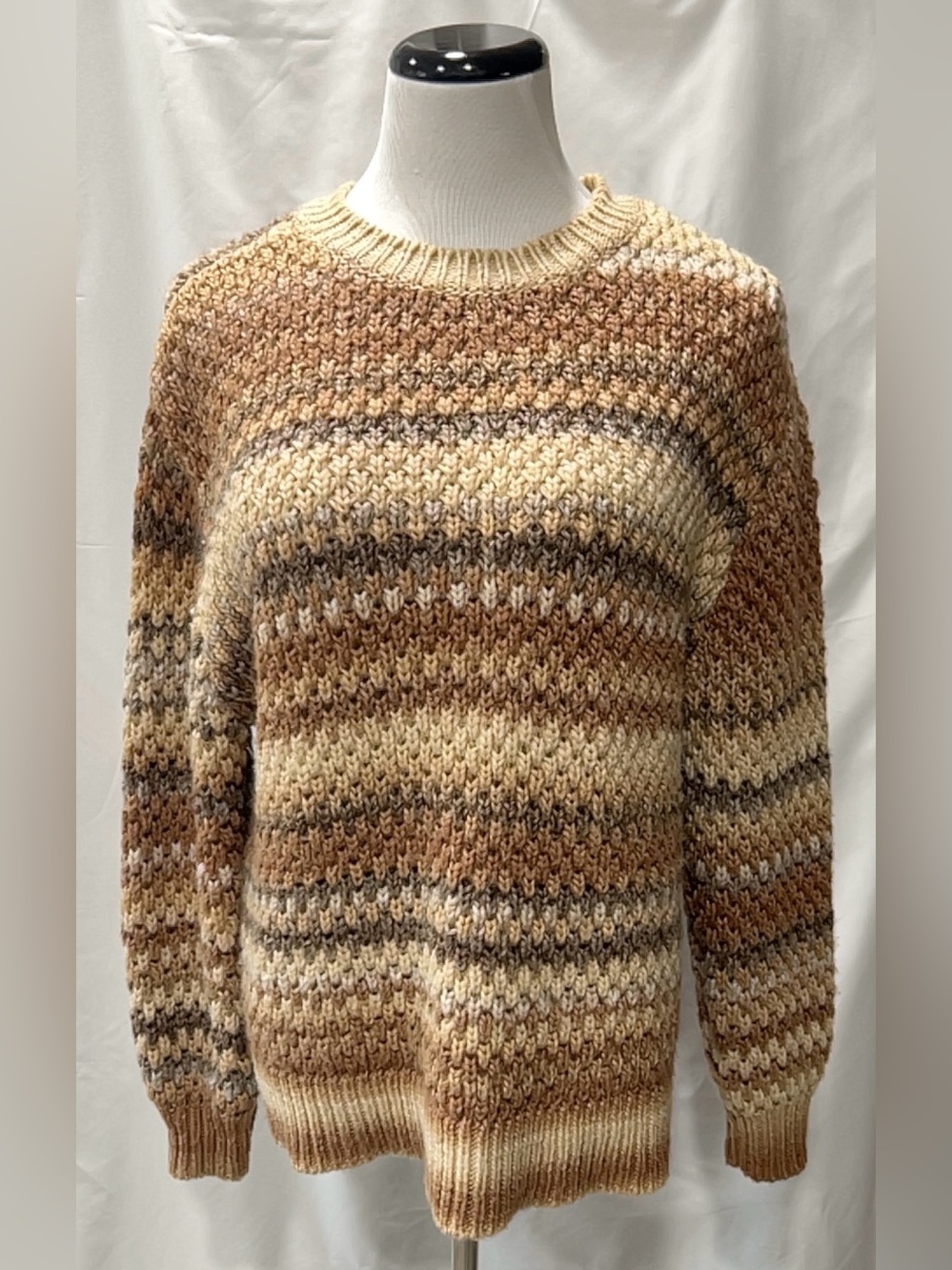 St Johns Bay Womens Brown Neutral Striped Chunky Knit Crew Neck Sweater Plus XXL
